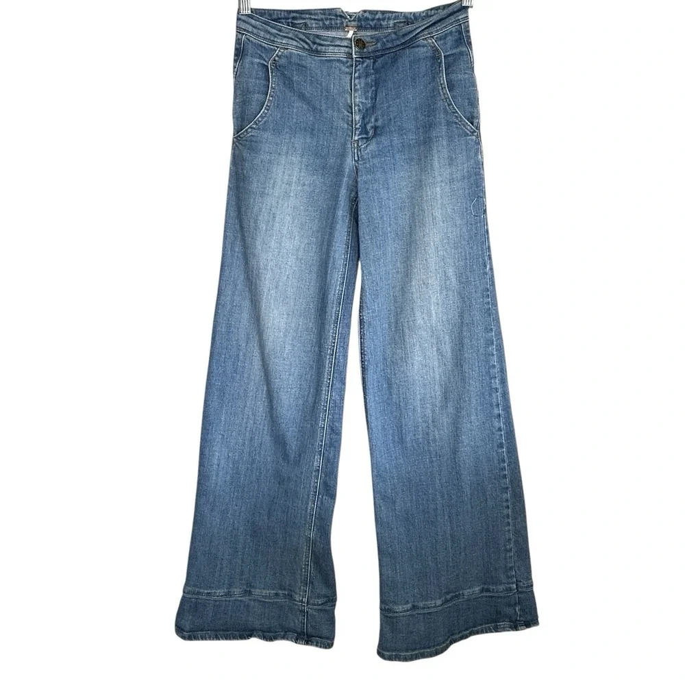 Free People Buckle Back Sailor Wide Leg Jeans 24 Boho Indie Retro Nautical Prepp